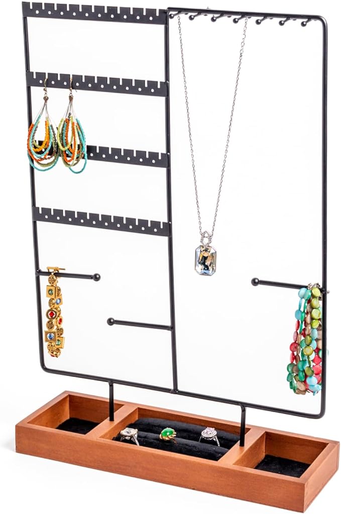 Large 5 Tier Jewelry Organizer | Dresser Jewelry Organizer for Earrings, Necklaces, Bracelets, Rings, Watches | 14 Necklace Hooks, 20 Earring Holders, 2 Bracelet/Watch Hangers & Padded Ring Tray Black