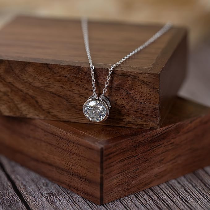 Moissanite Bezel Setting Necklace in 925 Silver | Minimalistic Silver Pendant For Women