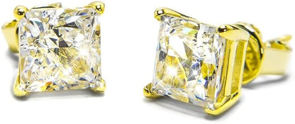 2.0CTTW Gold Princess Cut Diamond Solitaire Screwback Stud Earrings