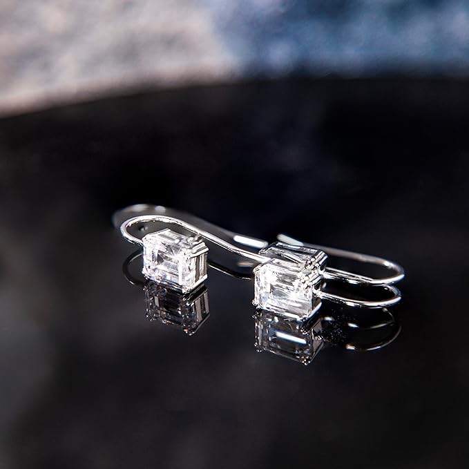 Silver White Moissanite Emerald Cut Drop Earring | Sona Diamond Earrings